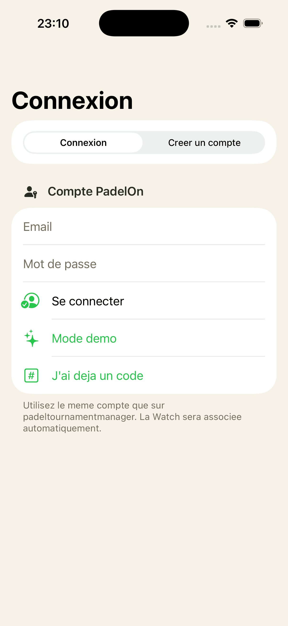 Écran de connexion de l’application iPhone PadelOn