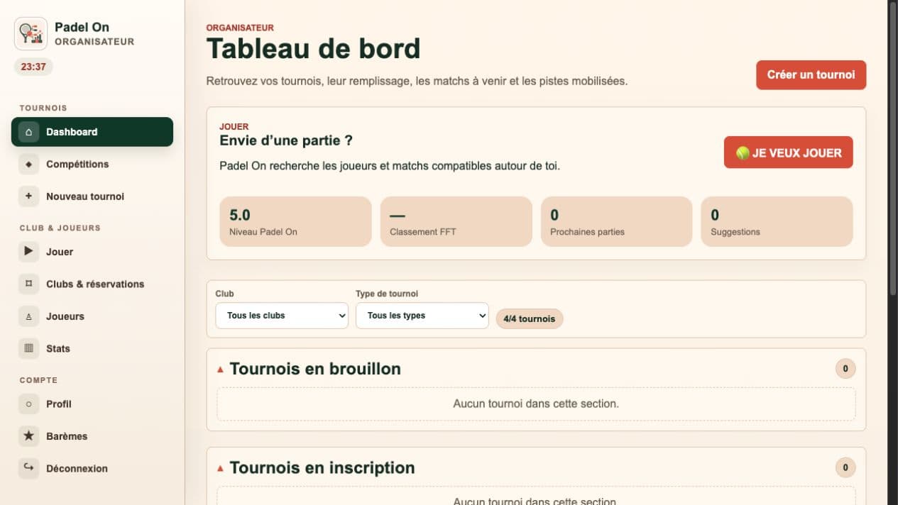 Interface Web PadelOn avec tableau de bord tournoi